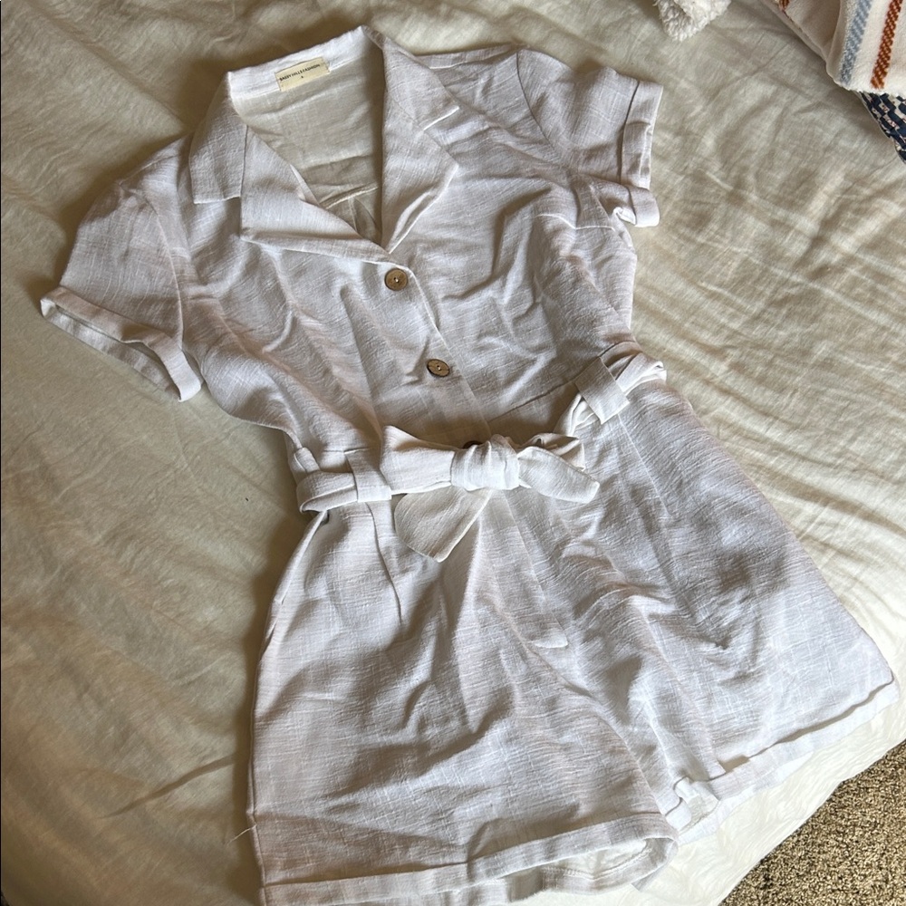 White Linen Button-Up Romper with tie